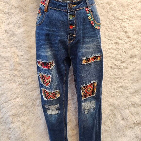 Desigual Denim - Desigual Blue Straight-Leg Jeans with Colorful Embroidered Patches